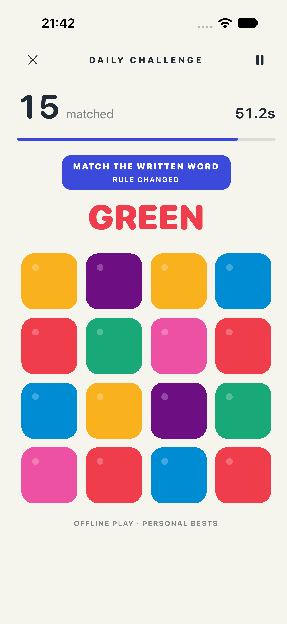 Colour Confuse gameplay: the word GREEN is printed in red, while the rule says to match the written word.
